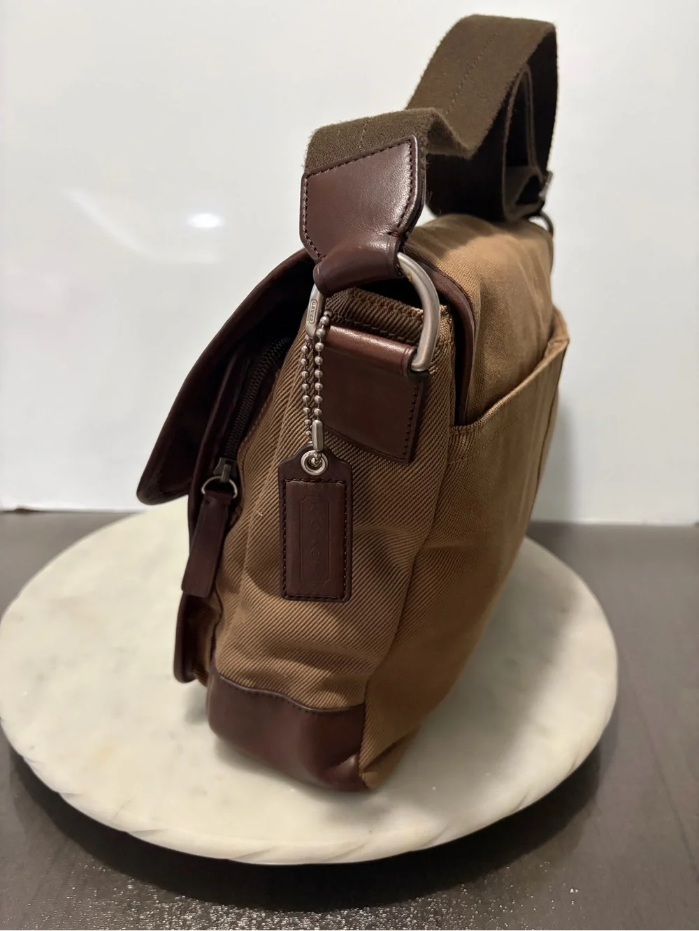 COACH Essex Canvas Crossbody Messenger Bag F70677 w/ Leather Trim Khaki Brown